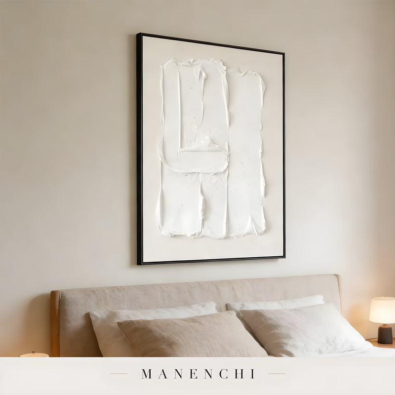 Monochrome Sculptural Relief abstract painting displayed in bedroom above bed