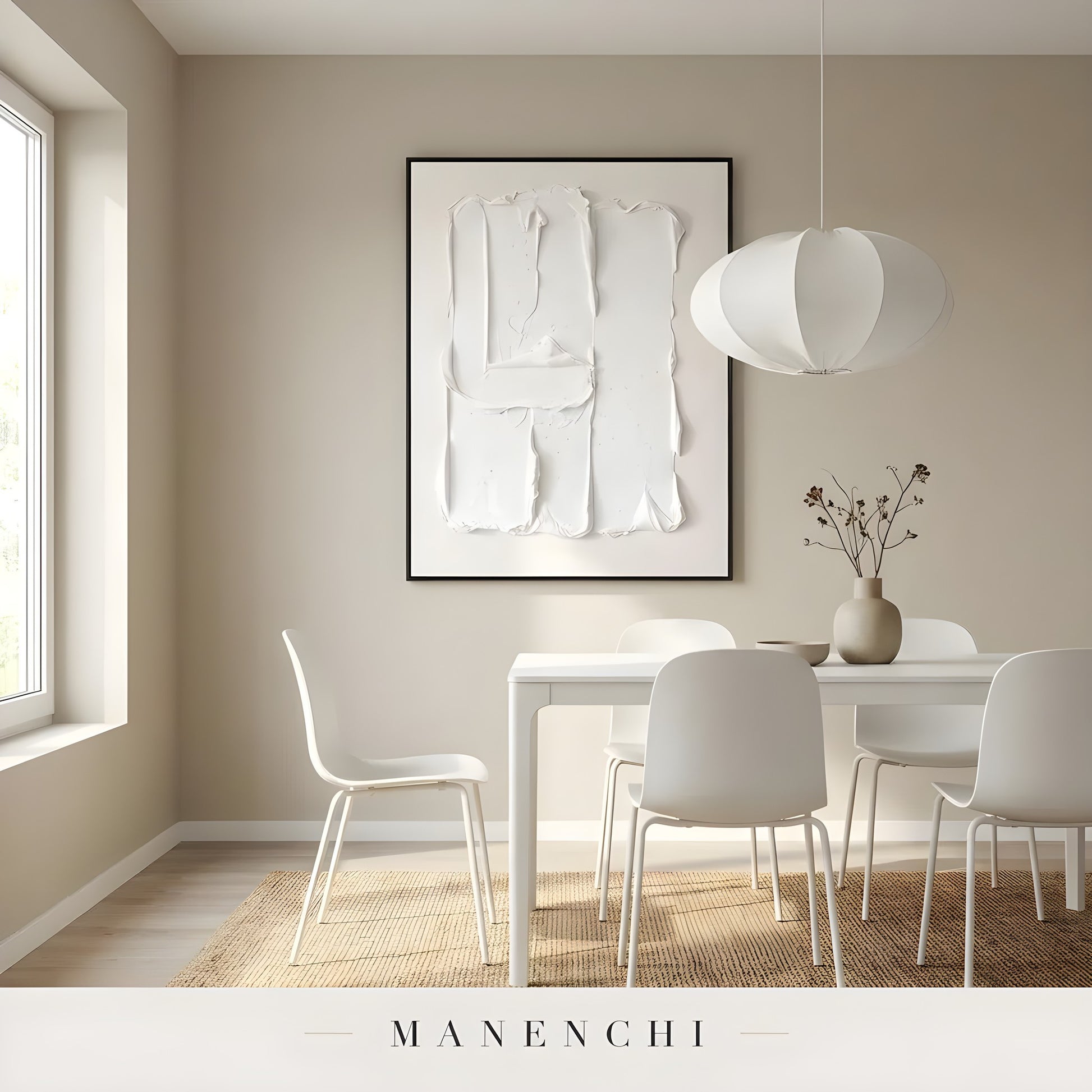 Monochrome Sculptural Relief abstract painting displayed in dining room interior