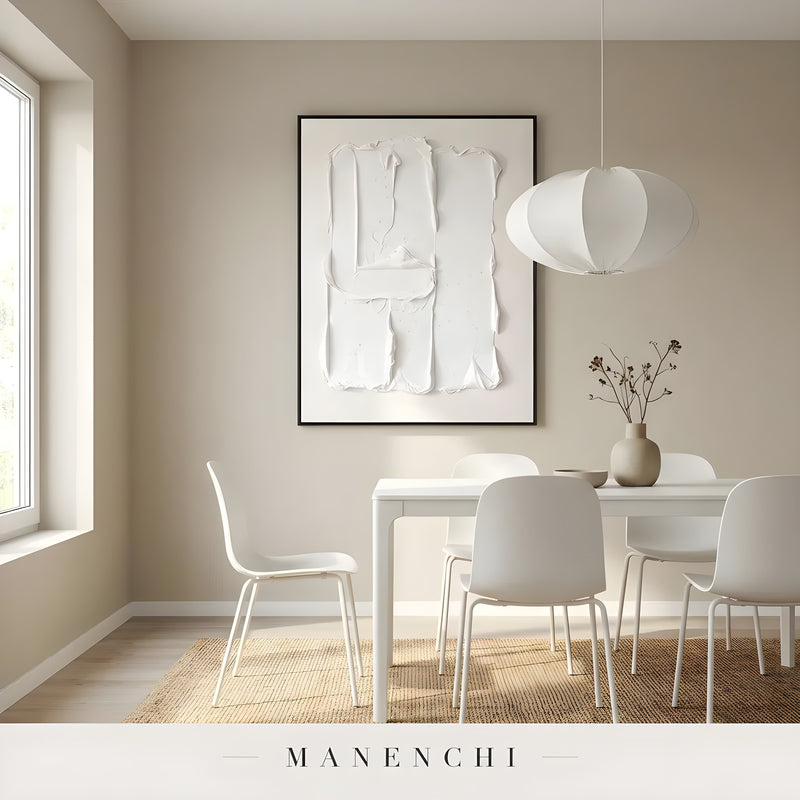 Monochrome Sculptural Relief abstract painting displayed in dining room interior