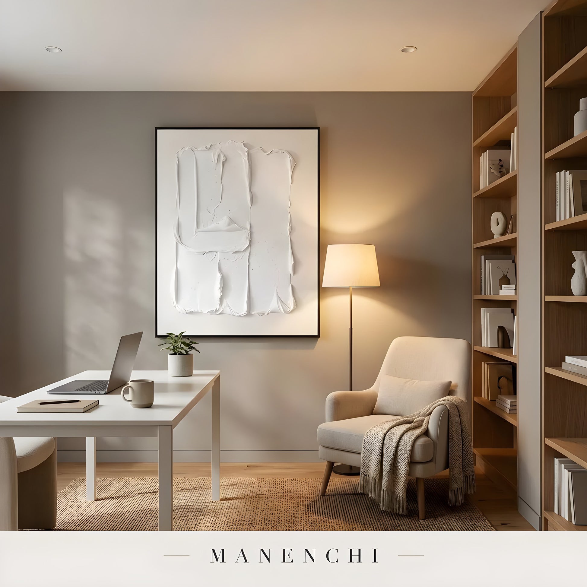 Monochrome Sculptural Relief abstract painting displayed in home office desk