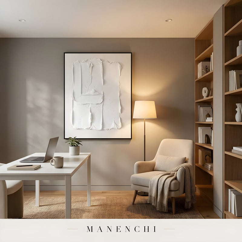Monochrome Sculptural Relief abstract painting displayed in home office desk