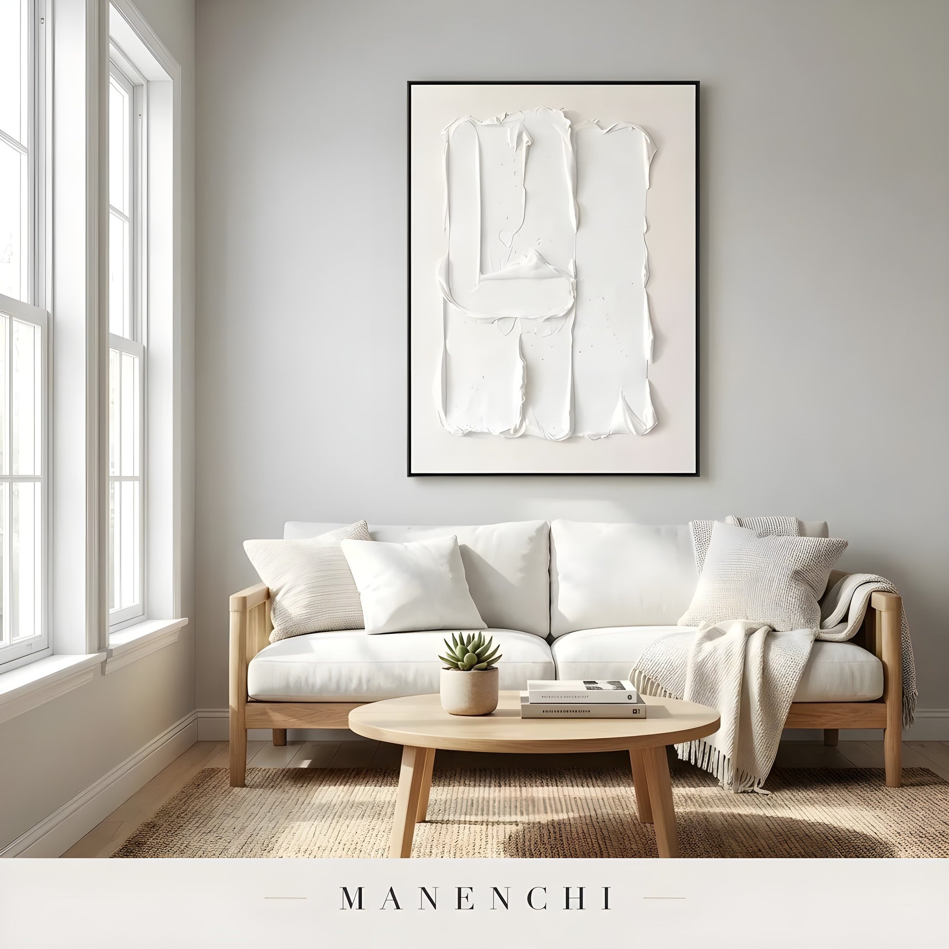 Monochrome Sculptural Relief abstract painting displayed in living room sofa