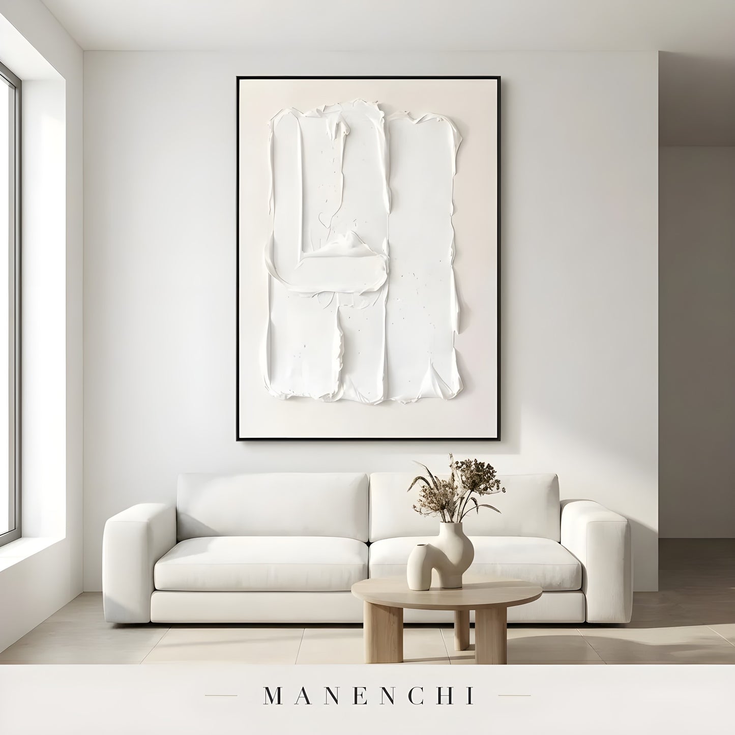 Monochrome Sculptural Relief abstract painting displayed in minimalist living room