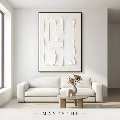 Monochrome Sculptural Relief abstract painting displayed in minimalist living room