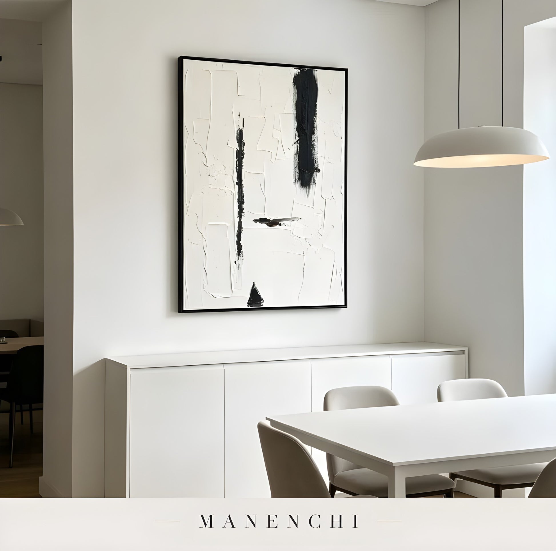 Monochrome Structural Essence abstract painting displayed in dining room interior