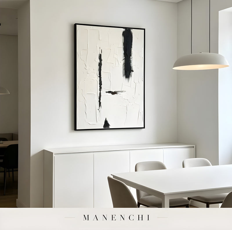 Monochrome Structural Essence abstract painting displayed in dining room interior
