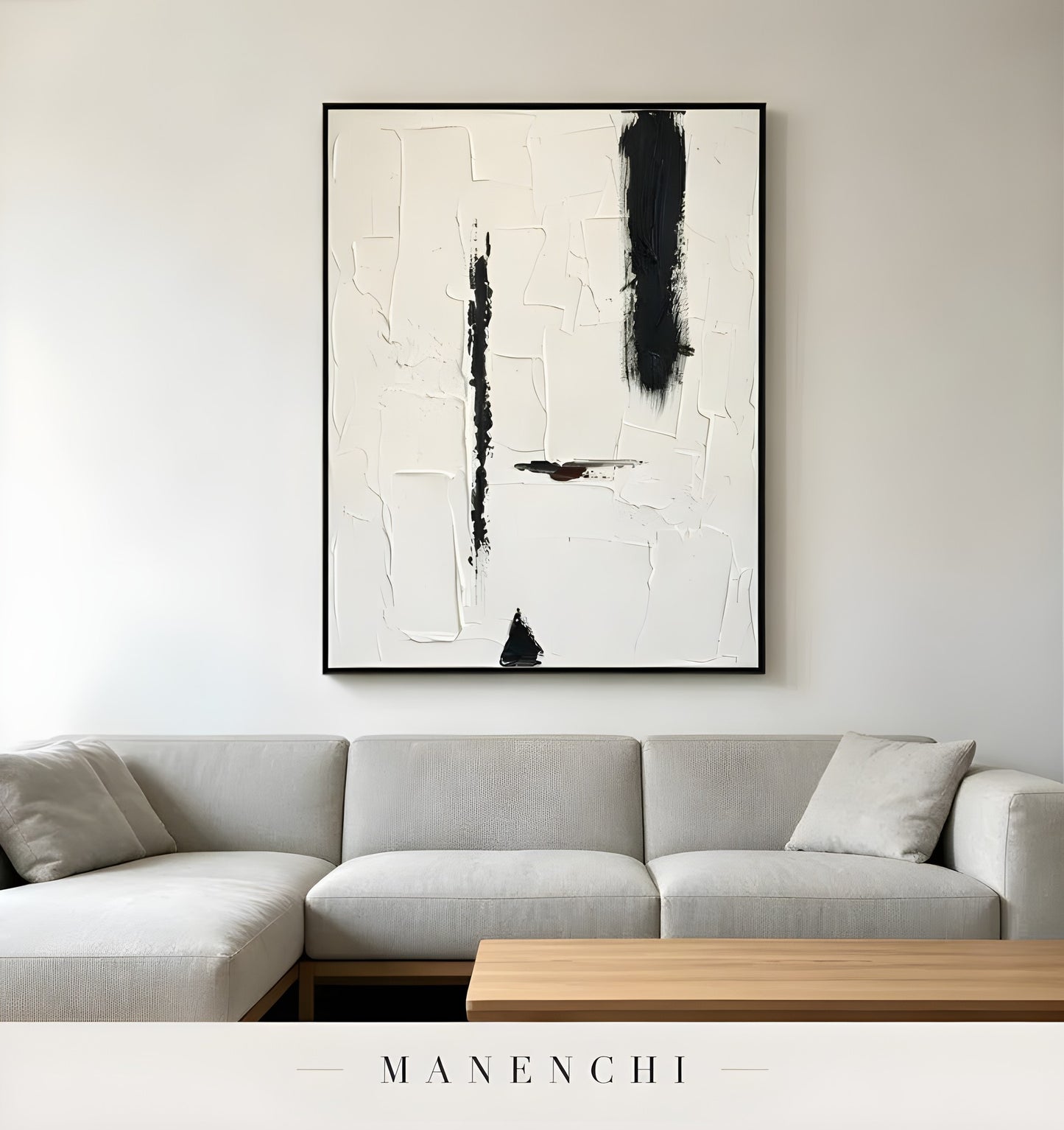 Monochrome Structural Essence abstract painting displayed in living room sofa