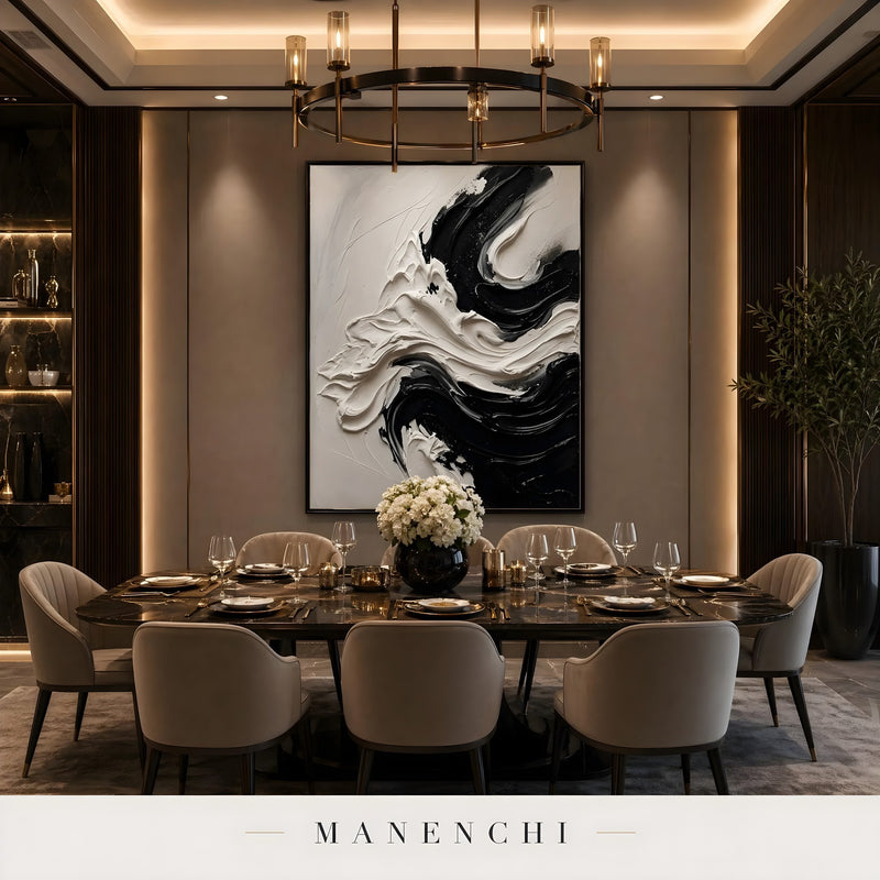 Monochrome Tidal Flow abstract painting displayed in dining room interior