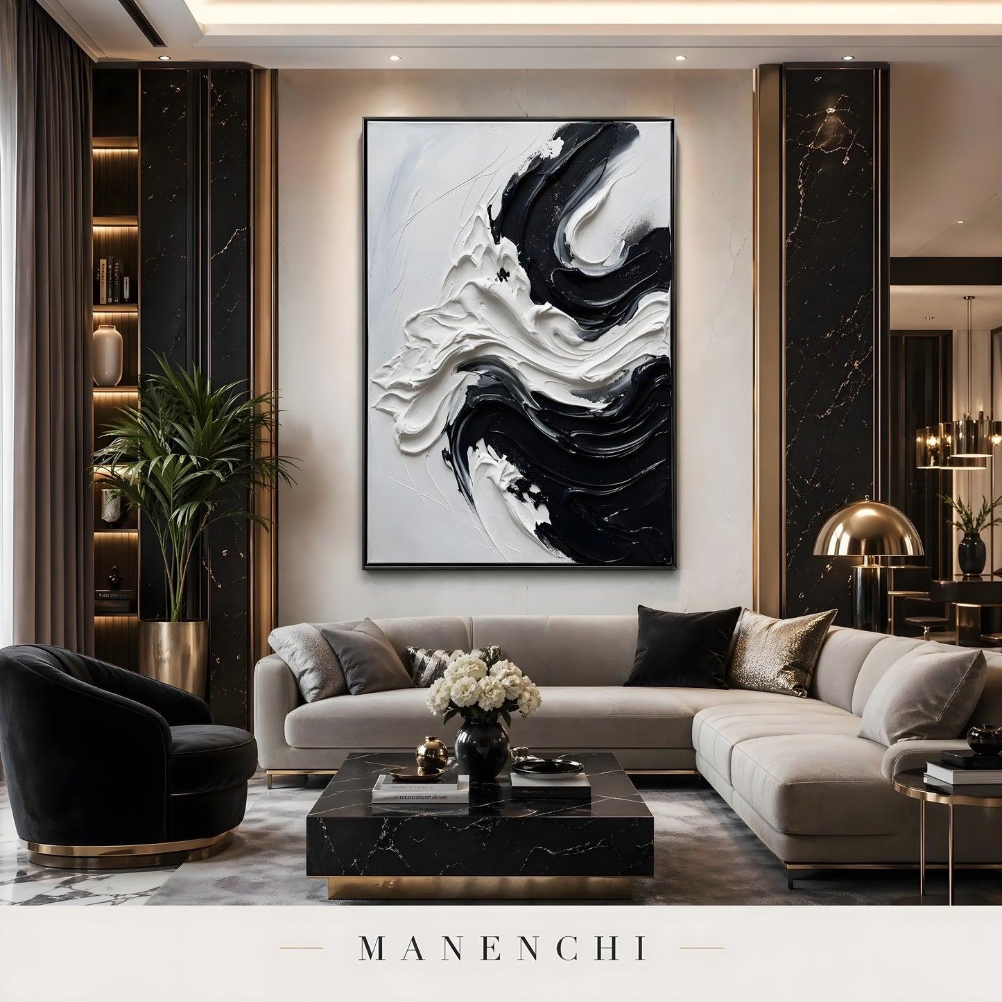 Monochrome Tidal Flow abstract painting displayed in living room sofa