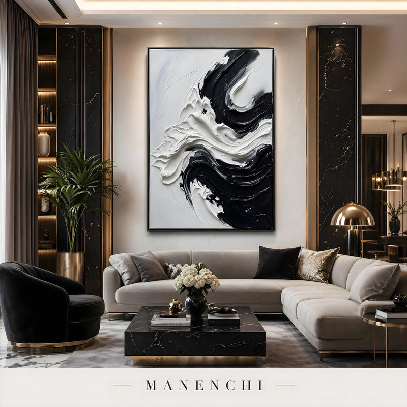 Monochrome Tidal Flow abstract painting displayed in living room sofa
