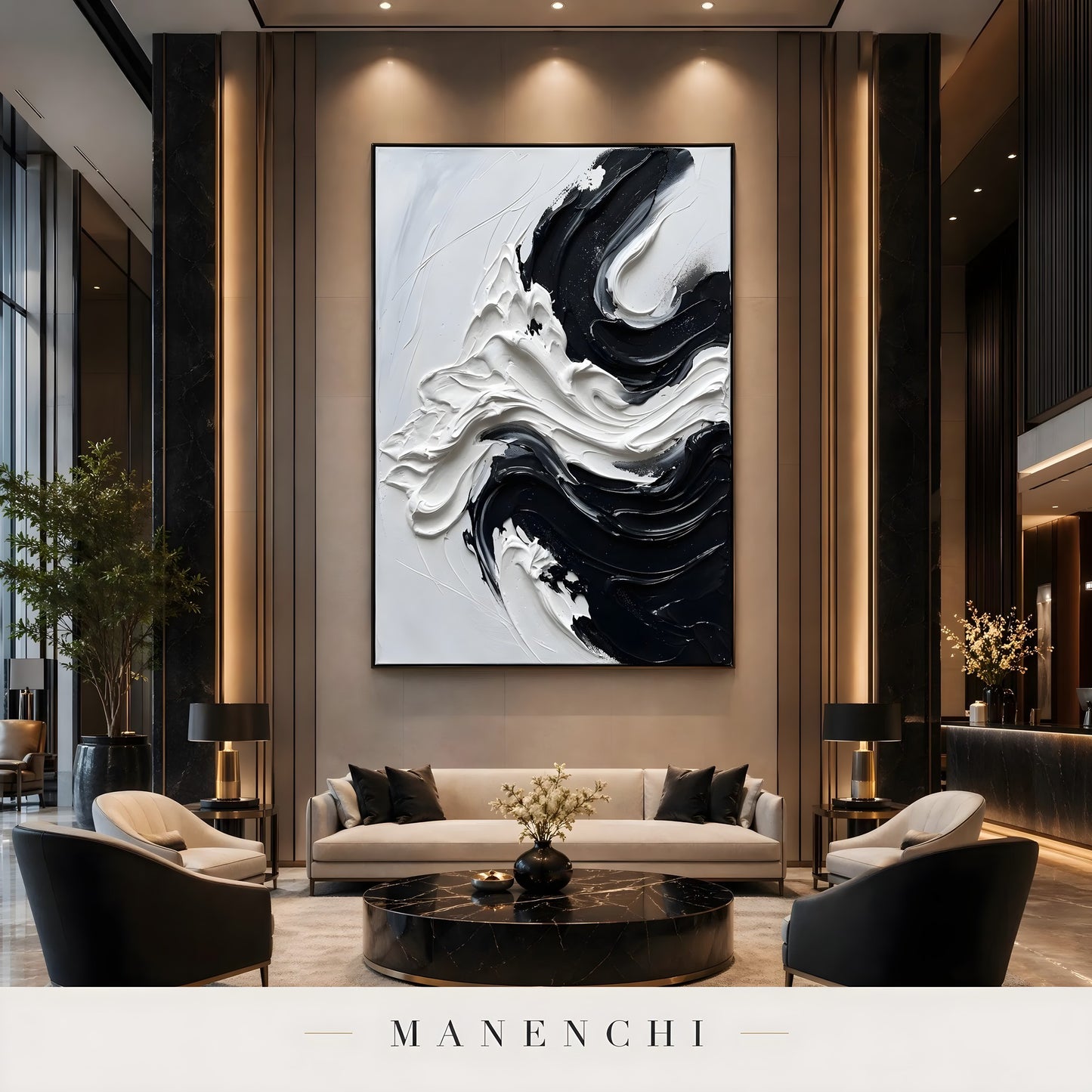 Monochrome Tidal Flow abstract painting displayed in luxury living room