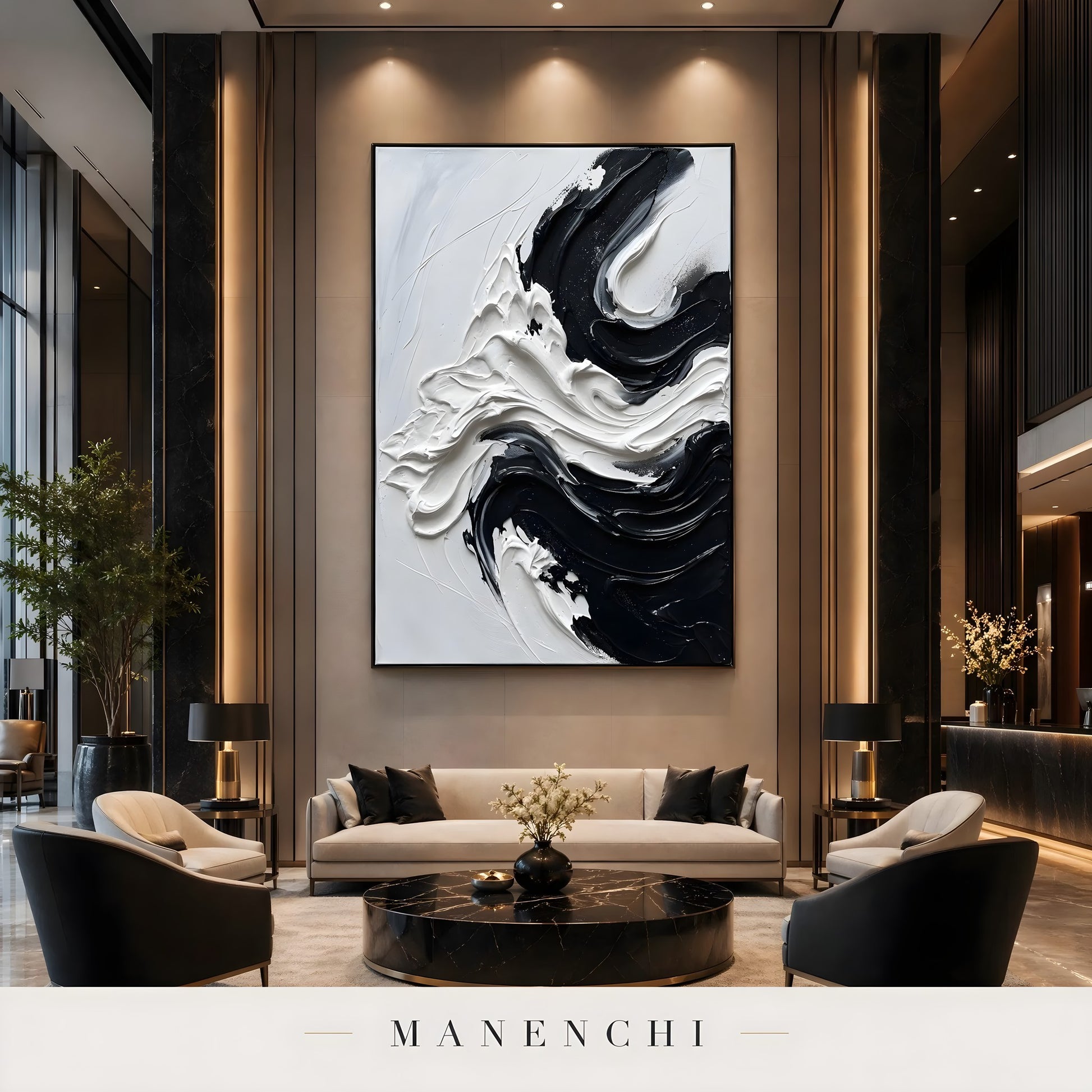 Monochrome Tidal Flow abstract painting displayed in luxury living room