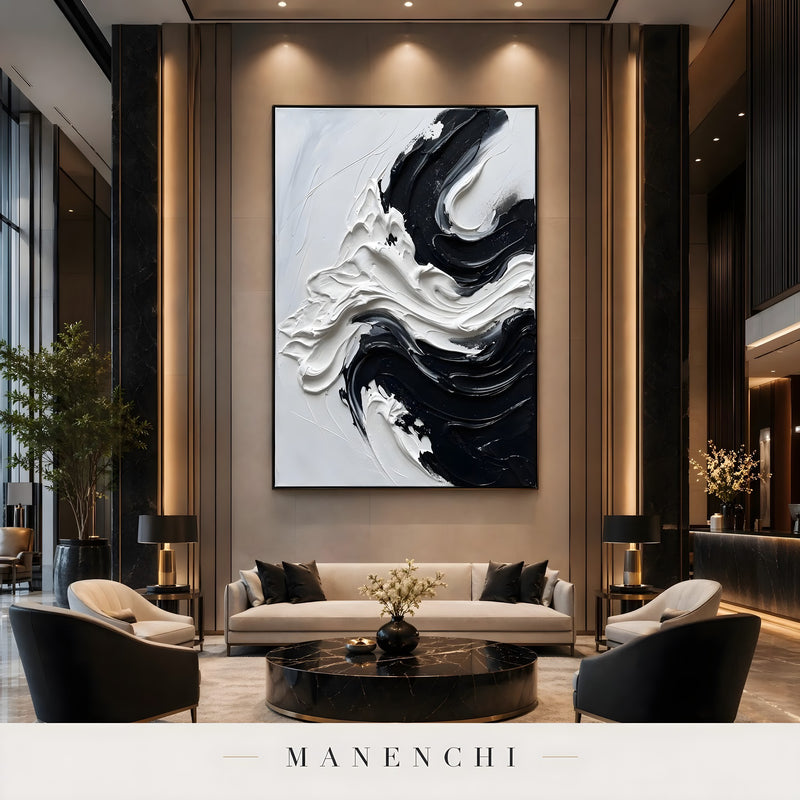 Monochrome Tidal Flow abstract painting displayed in luxury living room