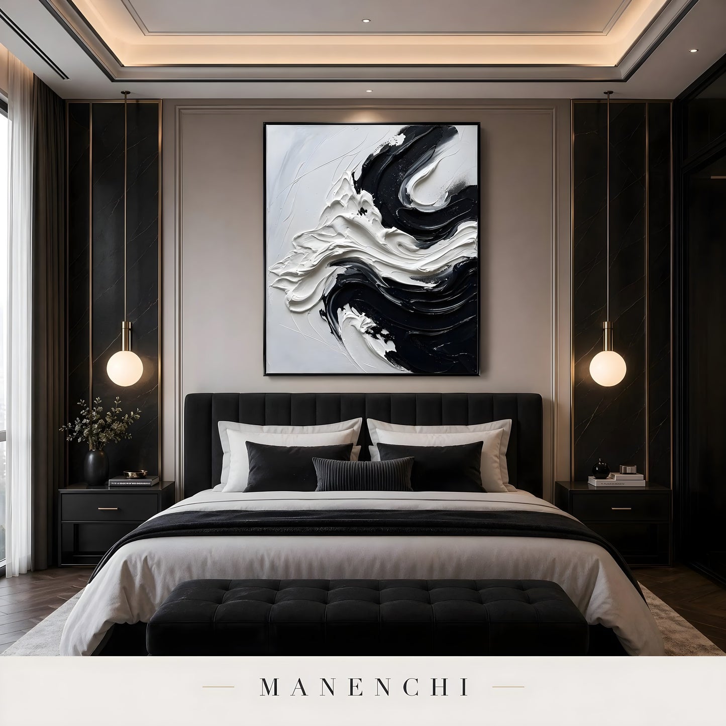 Monochrome Tidal Flow abstract painting displayed in modern bedroom interior