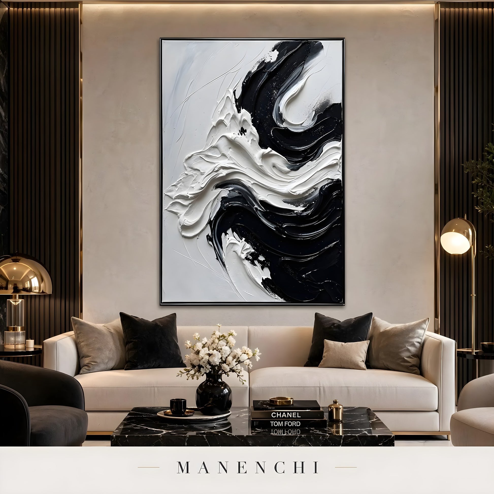 Monochrome Tidal Flow - original hand-painted abstract painting by Manenchi