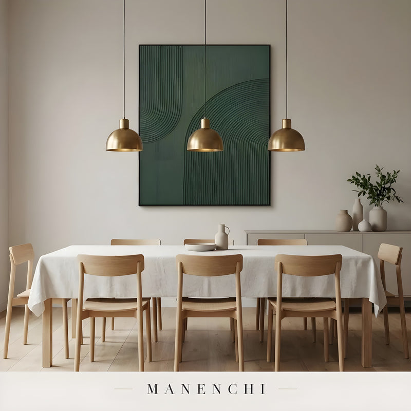 Monochrome Verdant Geometry abstract painting displayed in dining room table chairs