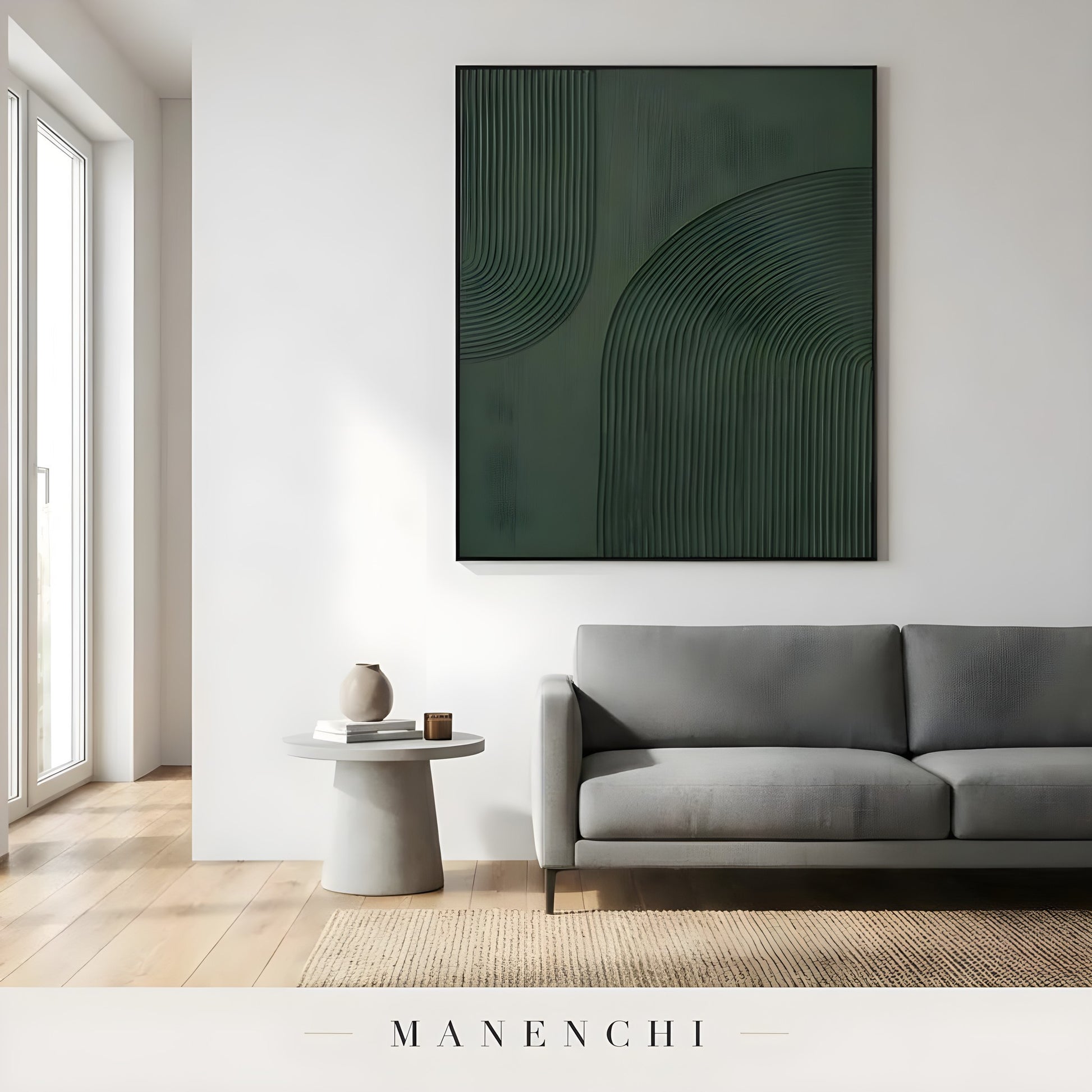 Monochrome Verdant Geometry abstract painting displayed in living room sofa decor
