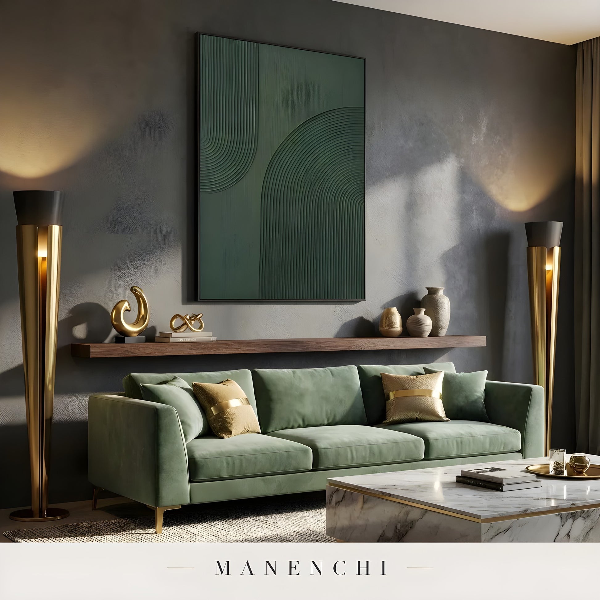 Monochrome Verdant Geometry abstract painting displayed in luxury living room interior