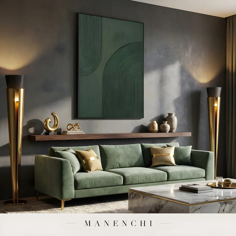 Monochrome Verdant Geometry abstract painting displayed in luxury living room interior