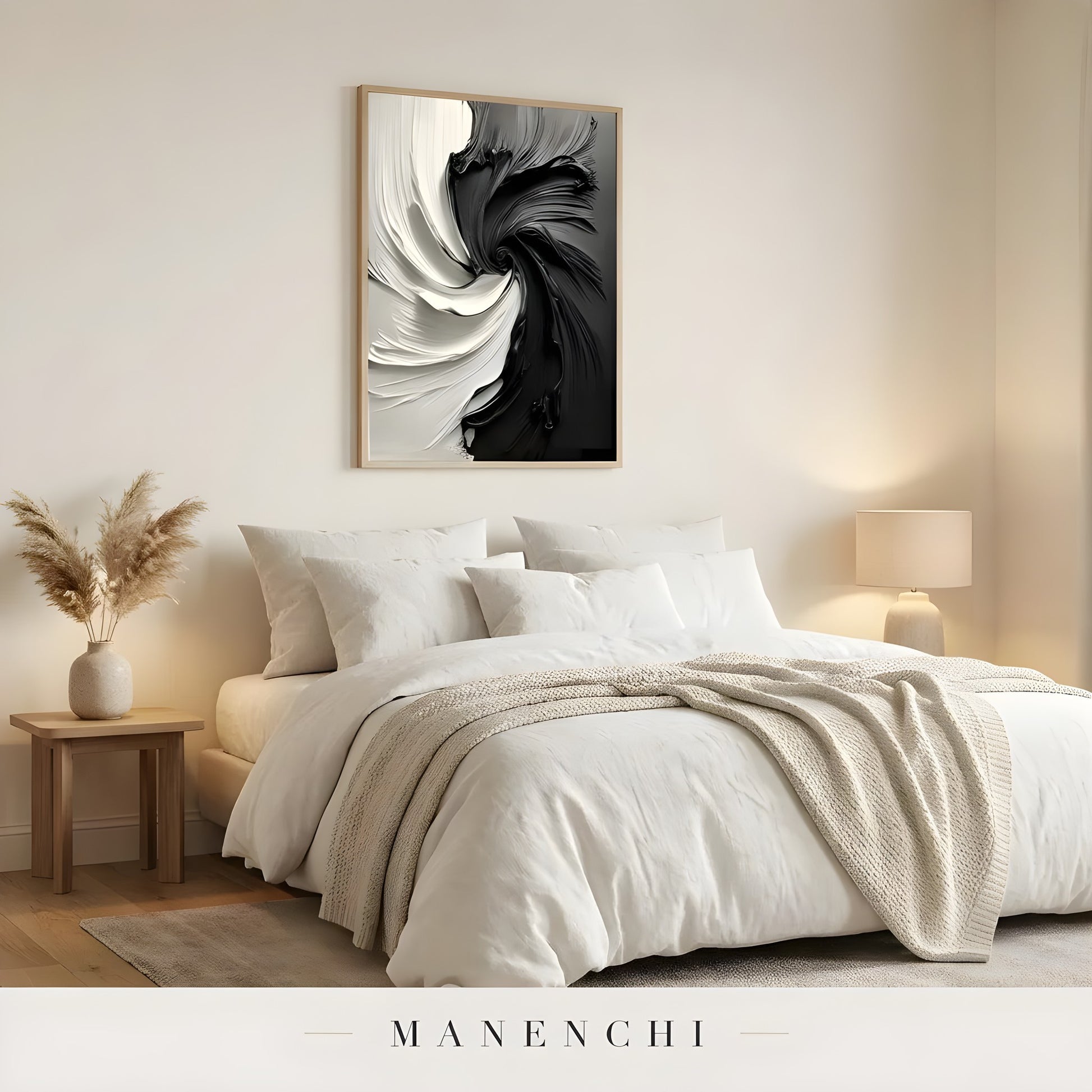 Monochrome Vortex abstract painting displayed in bedroom