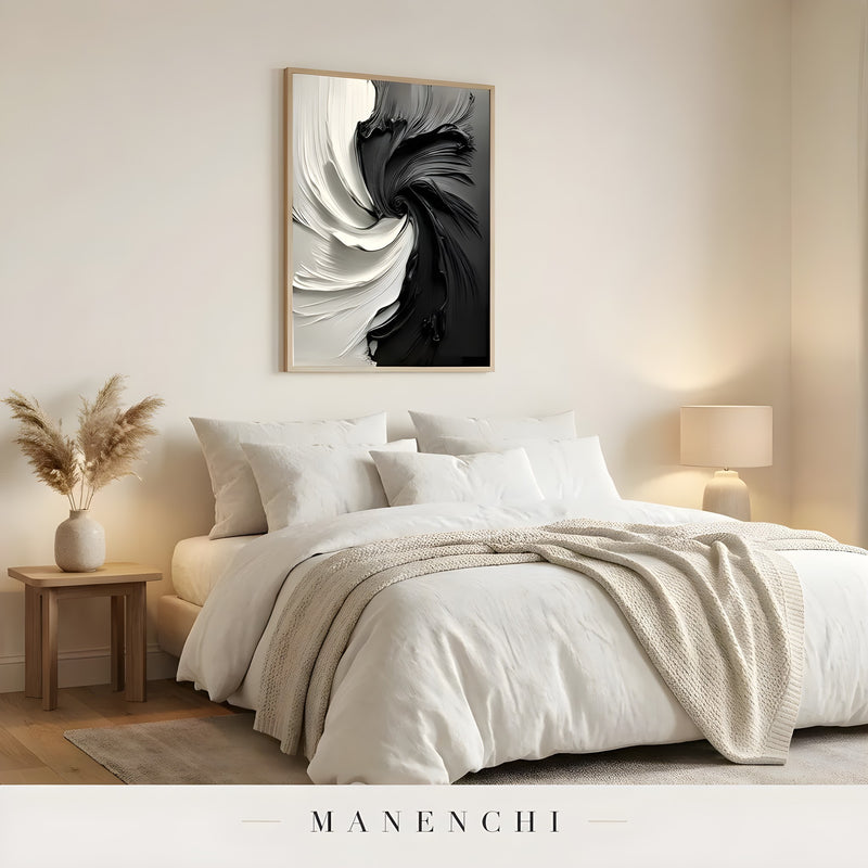 Monochrome Vortex abstract painting displayed in bedroom
