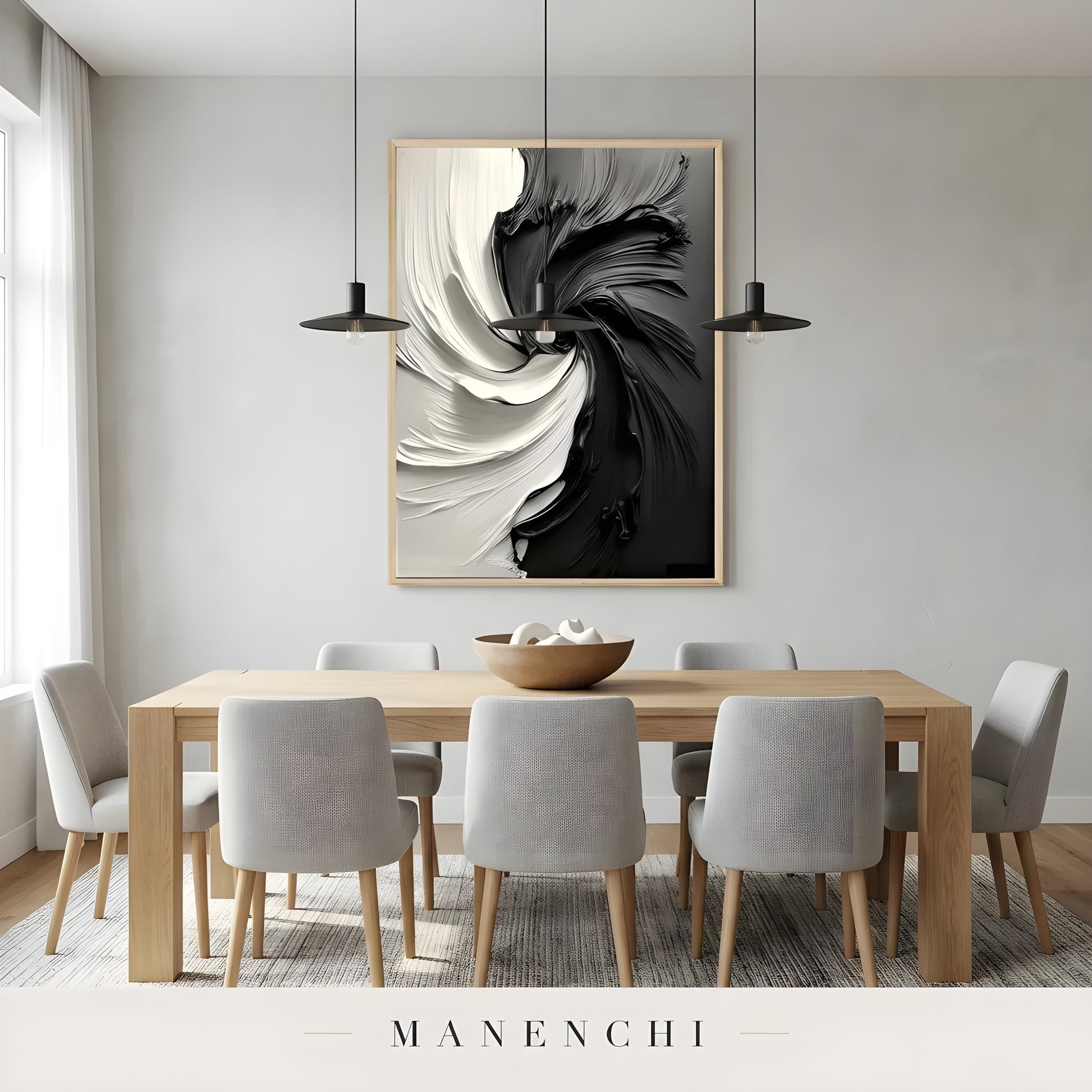 Monochrome Vortex abstract painting displayed in dining room