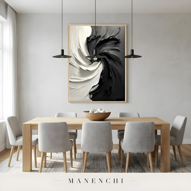 Monochrome Vortex abstract painting displayed in dining room