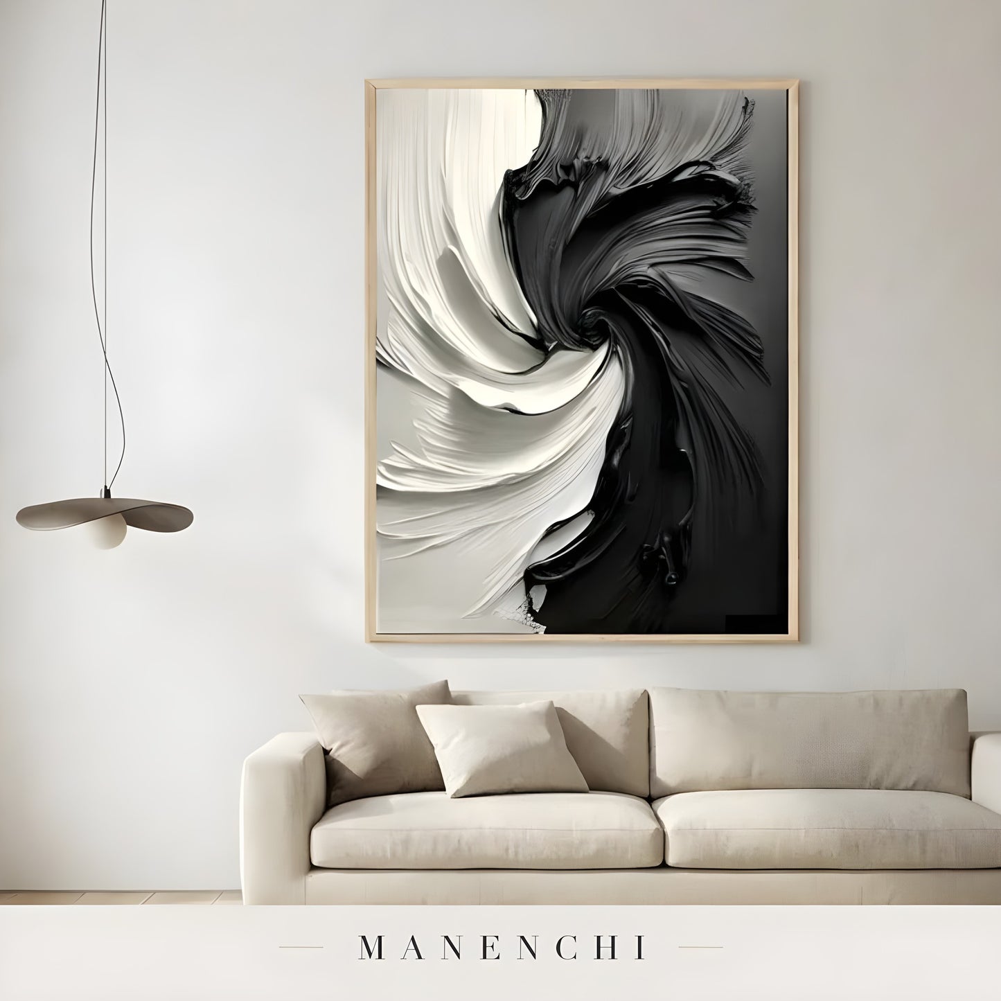 Monochrome Vortex abstract painting displayed in living room
