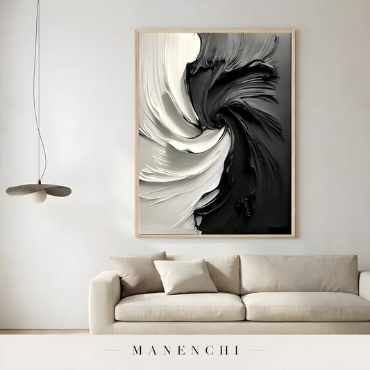 Monochrome Vortex abstract painting displayed in living room