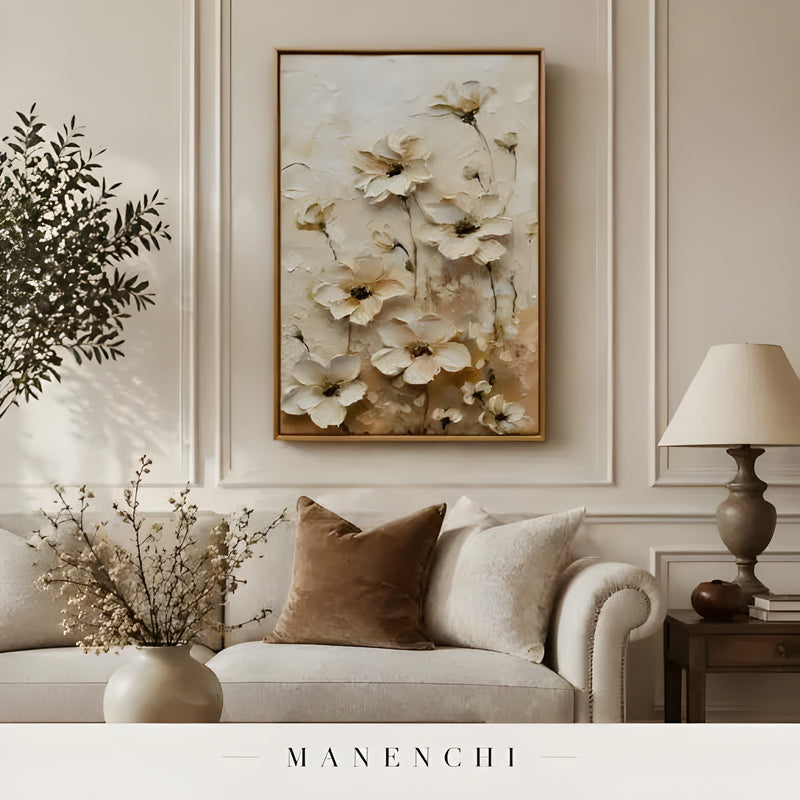 Neutral Bloom Study abstract painting displayed in living room art display