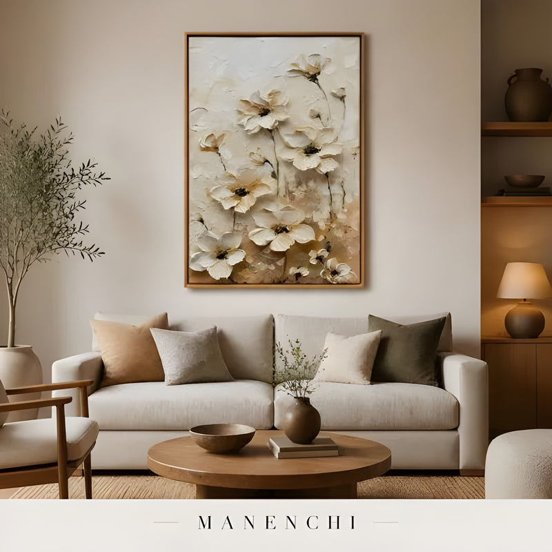 Neutral Bloom Study abstract painting displayed in living room decor vibe