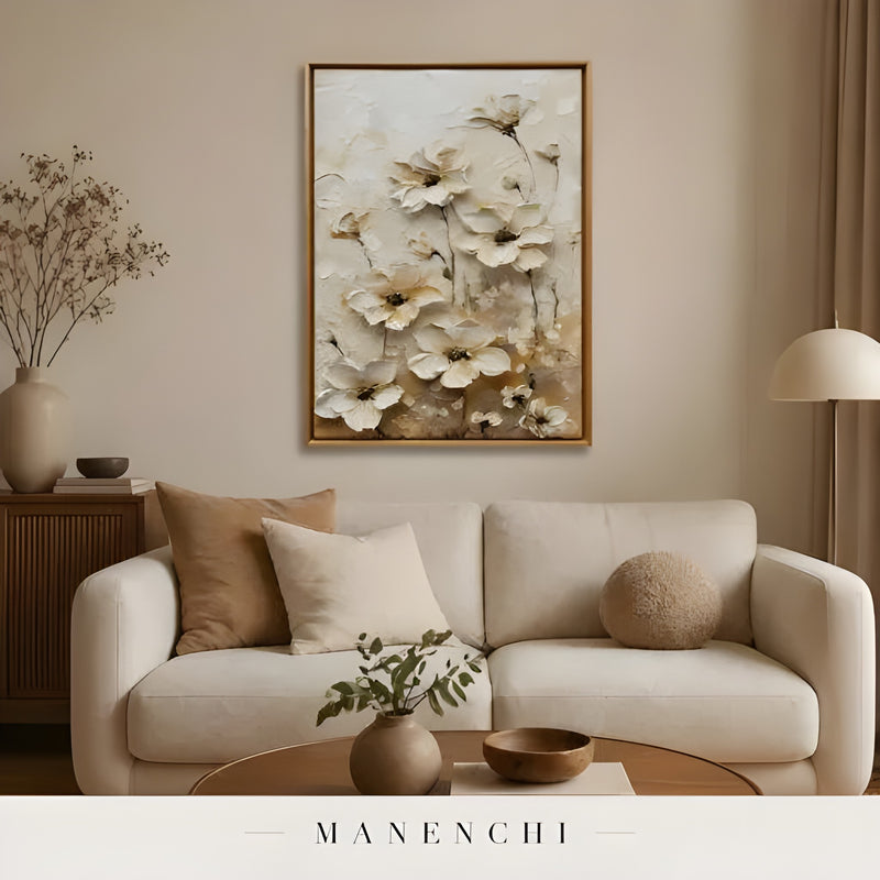 Neutral Bloom Study abstract painting displayed in minimal sofa living room
