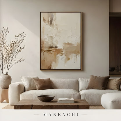 Neutral Sculptural Horizon abstract painting displayed in beige neutral living room