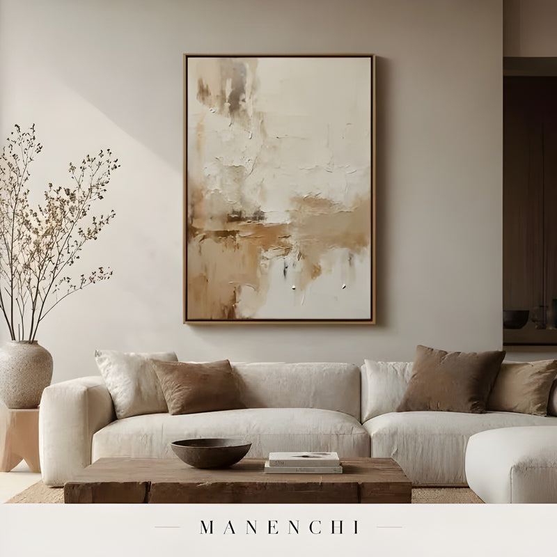 Neutral Sculptural Horizon abstract painting displayed in beige neutral living room