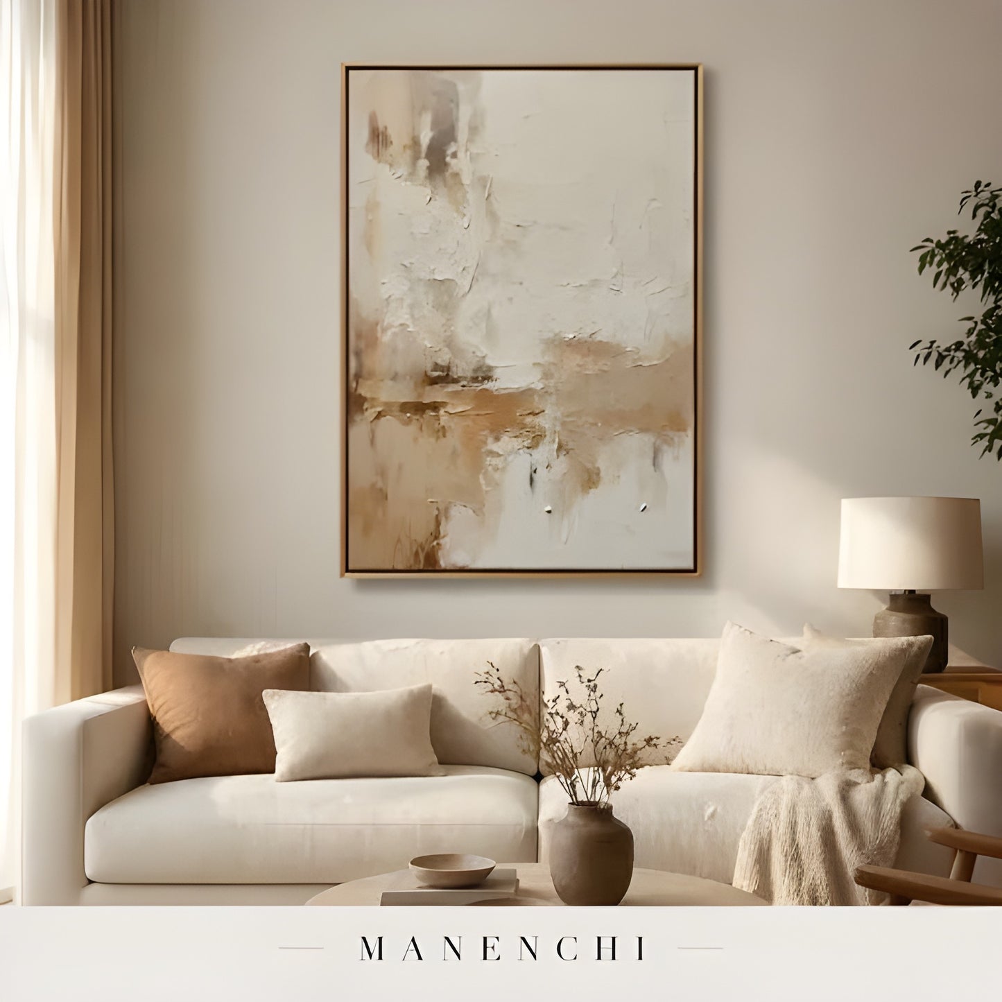 Neutral Sculptural Horizon abstract painting displayed in minimalist lounge setting