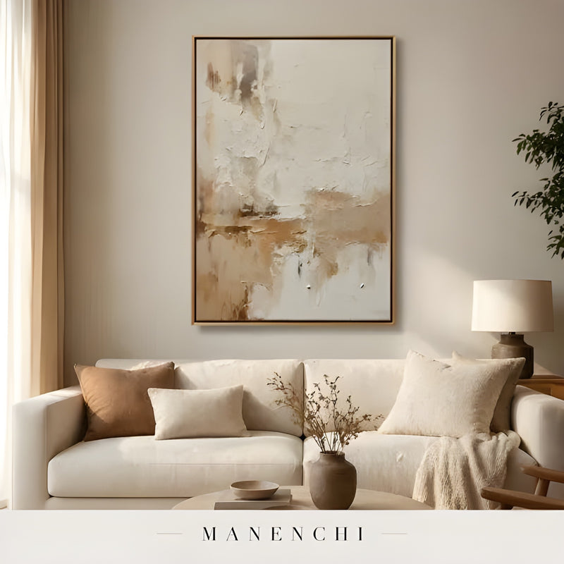 Neutral Sculptural Horizon abstract painting displayed in minimalist lounge setting