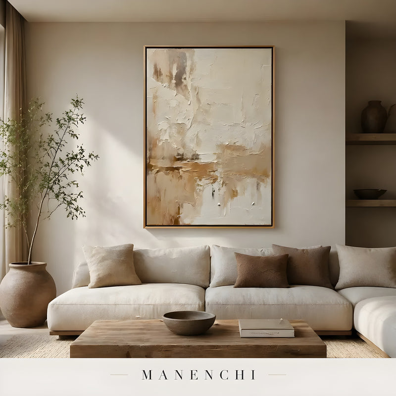 Neutral Sculptural Horizon abstract painting displayed in modern living room display