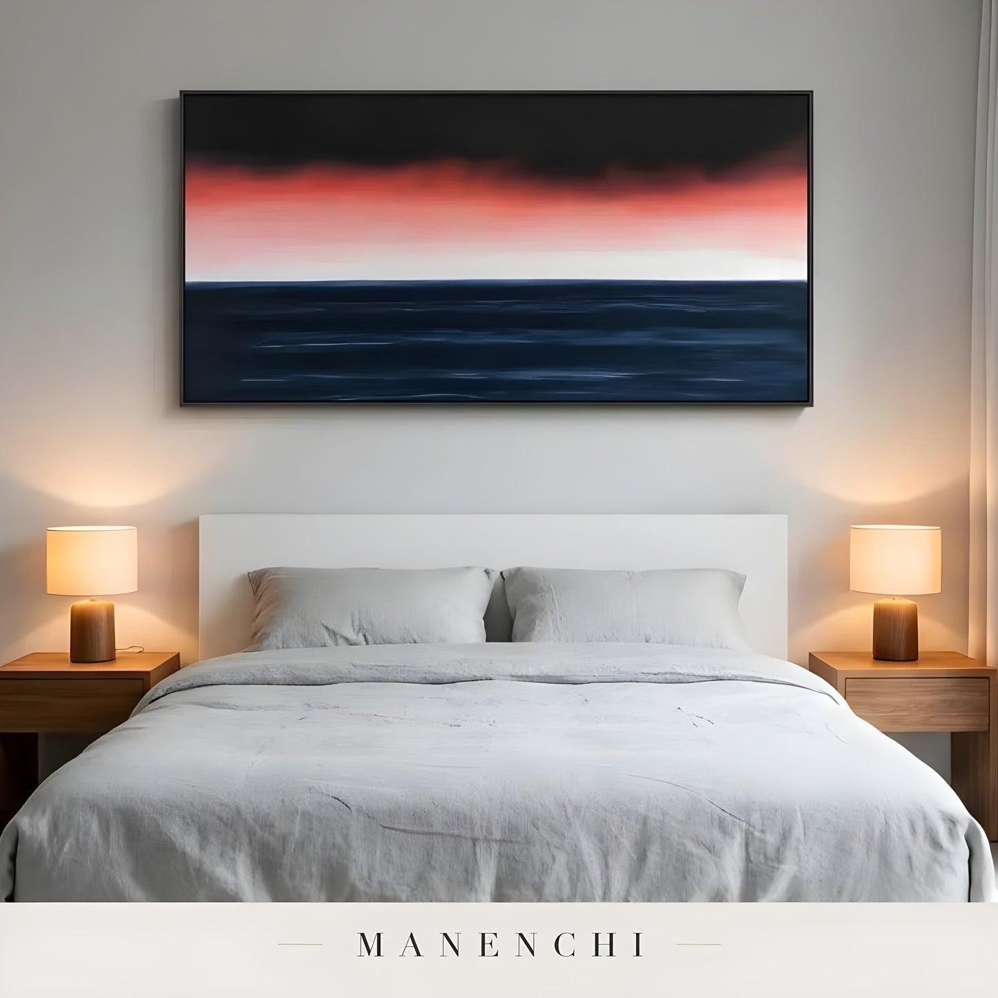 Obsidian Crimson Horizon abstract painting displayed in bright minimalist bedroom setting
