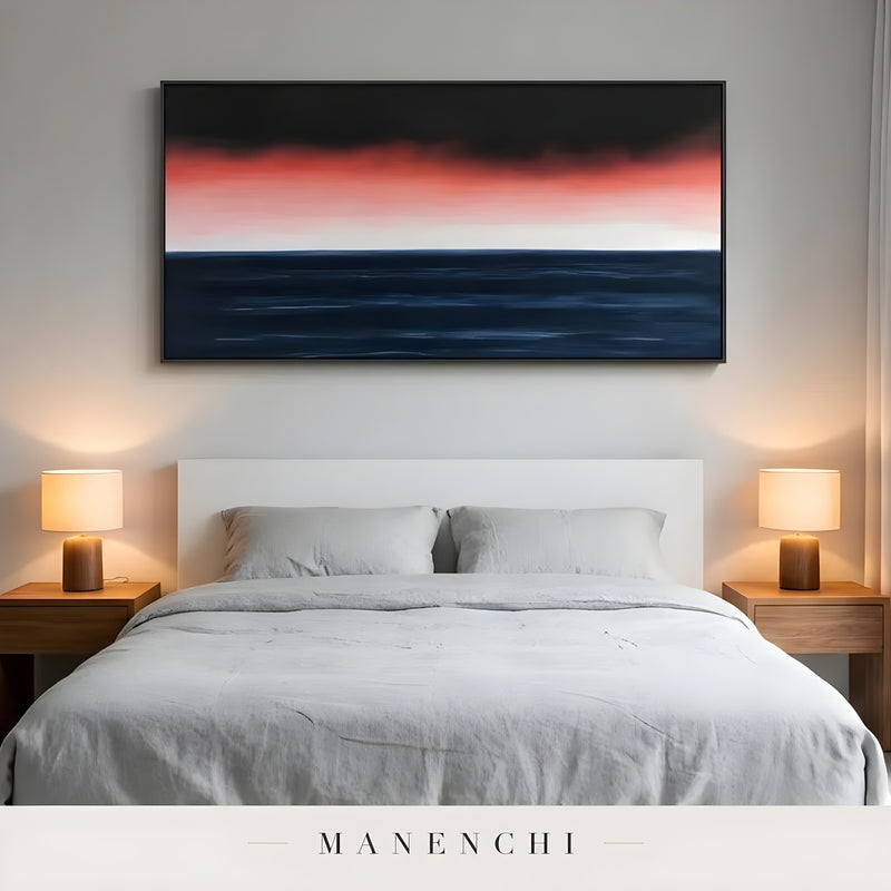 Obsidian Crimson Horizon abstract painting displayed in bright minimalist bedroom setting