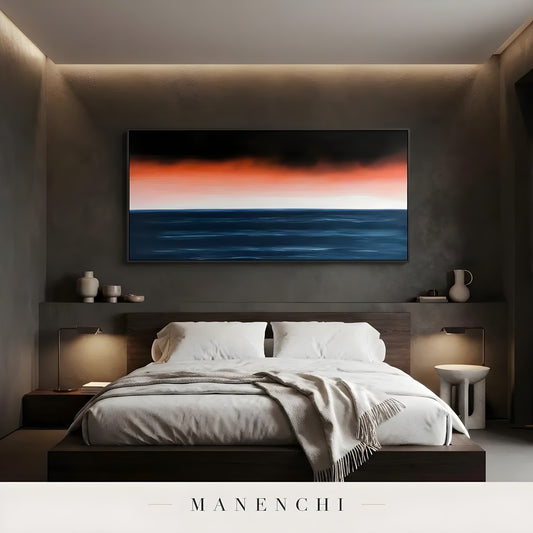 Obsidian Crimson Horizon abstract painting displayed in dark moody bedroom interior
