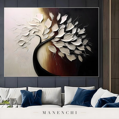 Obsidian Ivory Arboreal abstract painting displayed in contemporary sofa living room