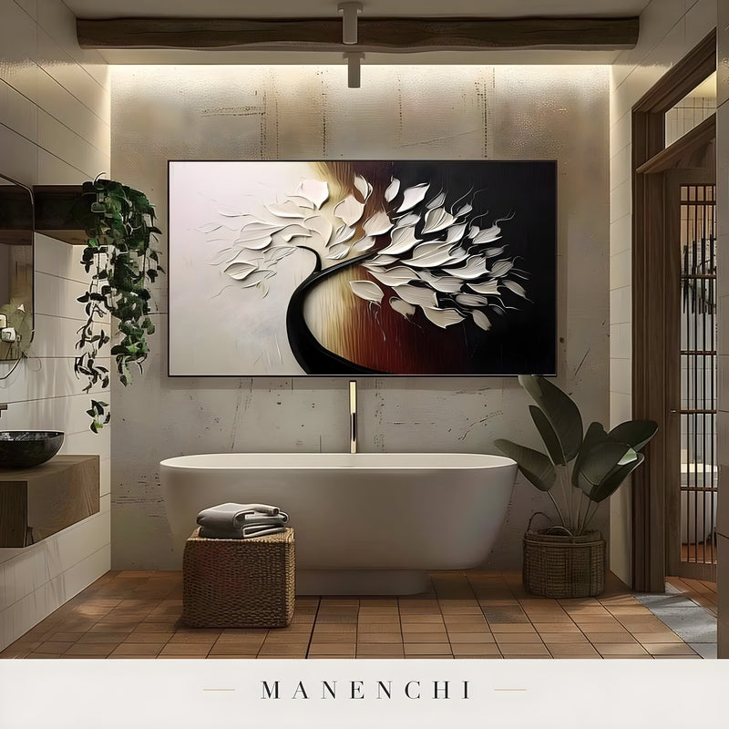 Obsidian Ivory Arboreal abstract painting displayed in elegant bathroom wall art