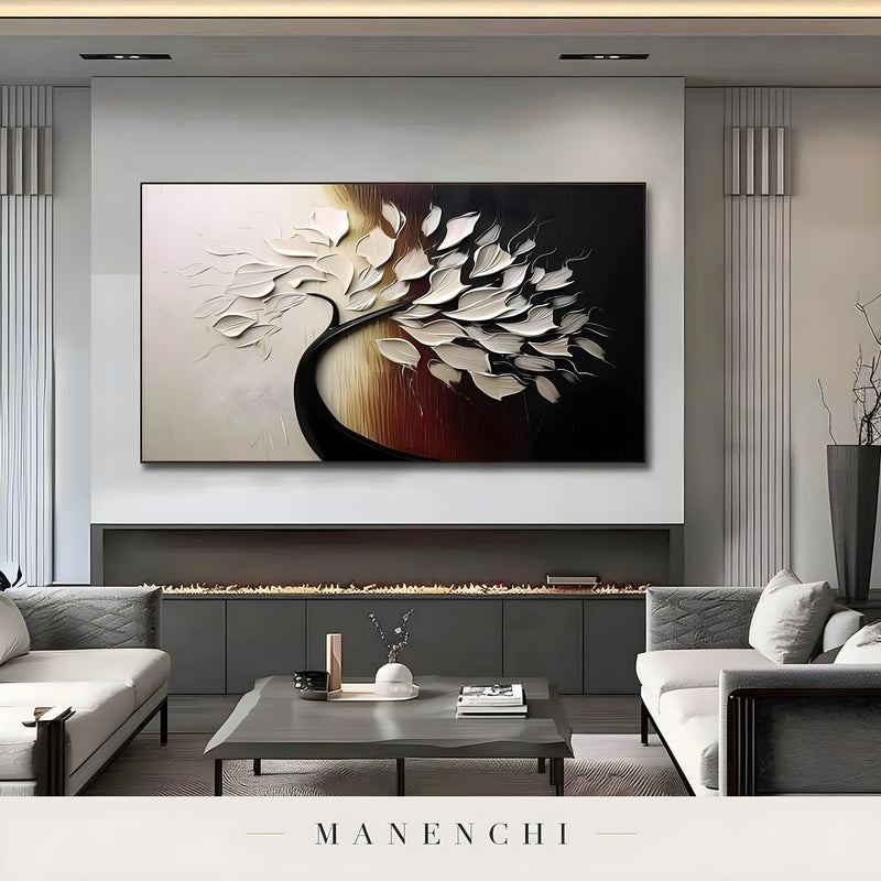 Obsidian Ivory Arboreal abstract painting displayed in fireplace living room interior