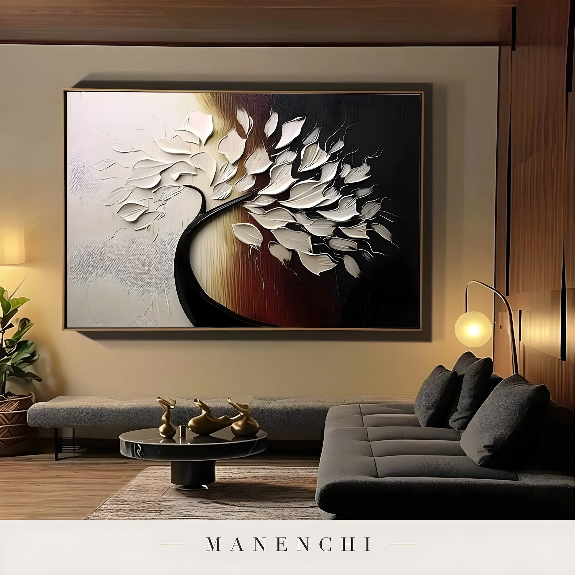 Obsidian Ivory Arboreal abstract painting displayed in modern living room display