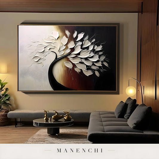 Obsidian Ivory Arboreal abstract painting displayed in modern living room display