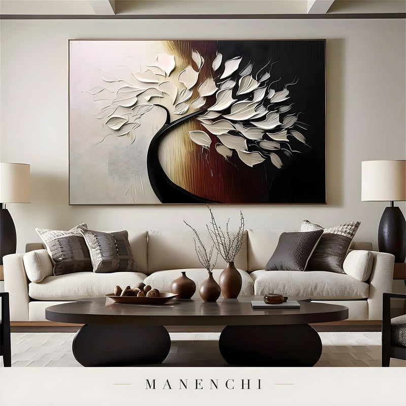 Obsidian Ivory Arboreal abstract painting displayed in neutral living room decor