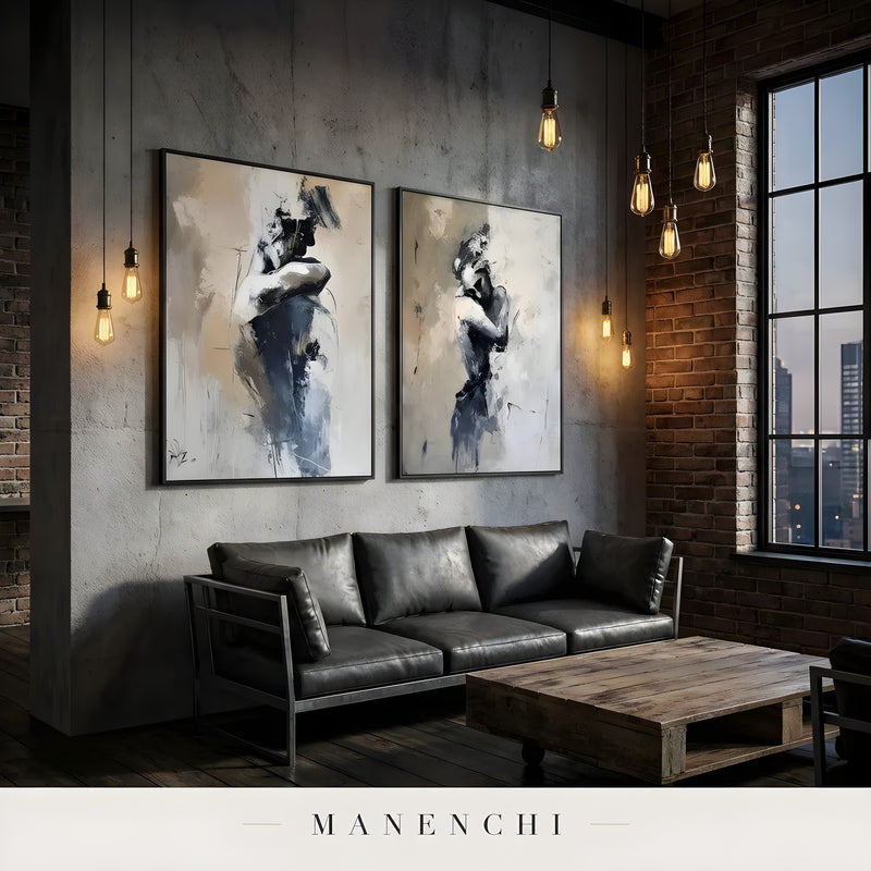 Obsidian Silhouette Diptych abstract painting displayed in industrial loft style living room