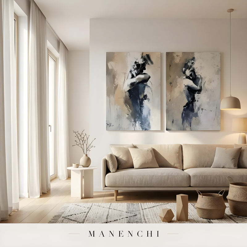Obsidian Silhouette Diptych abstract painting displayed in living room sofa display