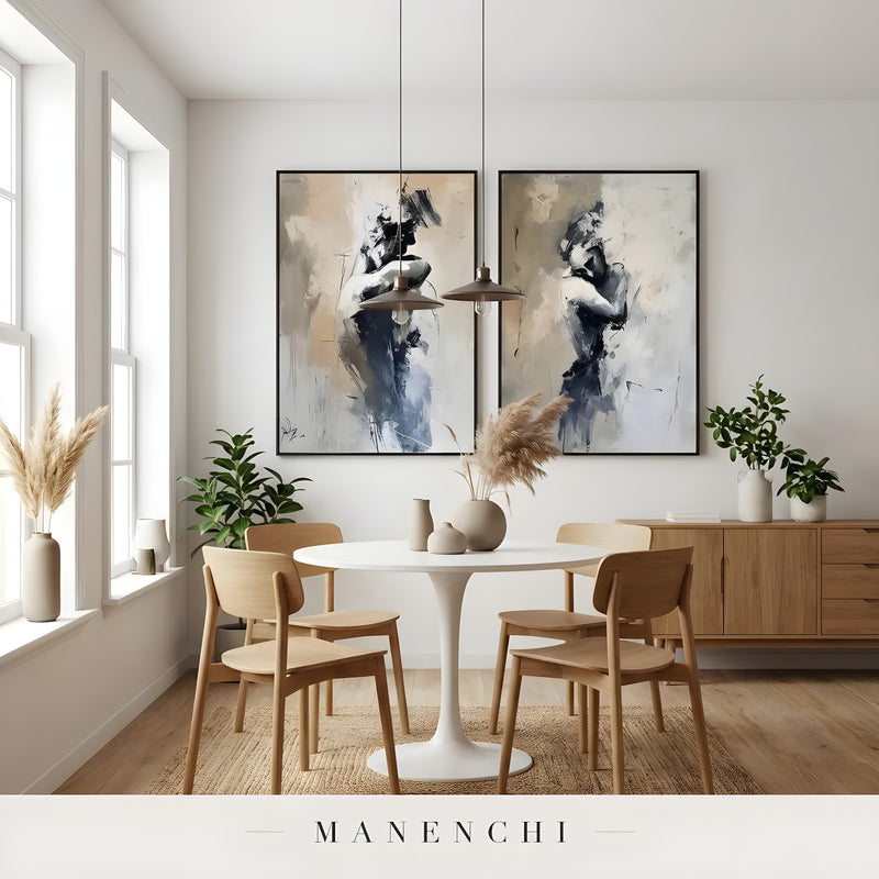Obsidian Silhouette Diptych abstract painting displayed in modern dining room interior