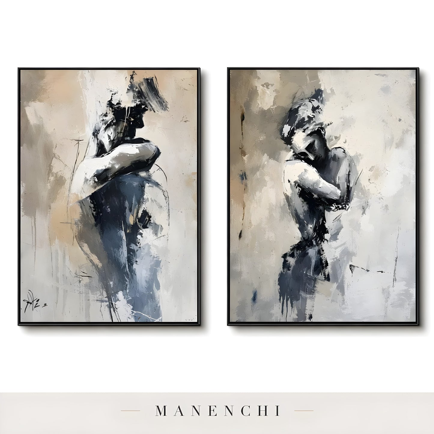 Obsidian Silhouette Diptych abstract painting displayed in side by side framed paintings